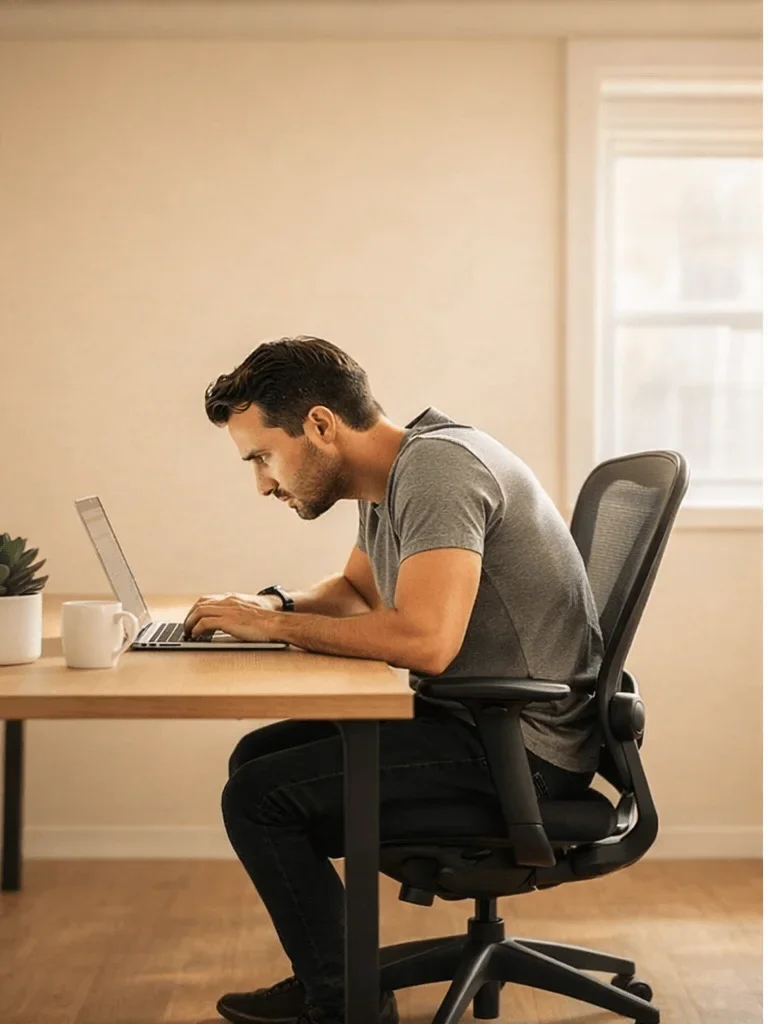 Person slouching at desk with poor posture